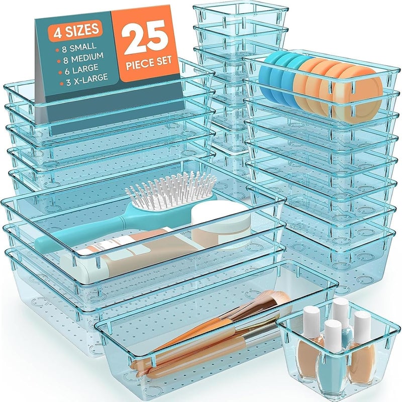 SpaceHacks 25 PCS Plastic Drawer Organizer Set, 4-Size Versatile Organizer Trays & storage Bins for Makeup, Jewelry, and Gadgets in Bathroom, Bedroom and Office, Sea Blue - Image 1